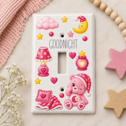 Goodnight Kids Light Switch Cover – Pink Bear, Moon & Stars Bedroom Decor