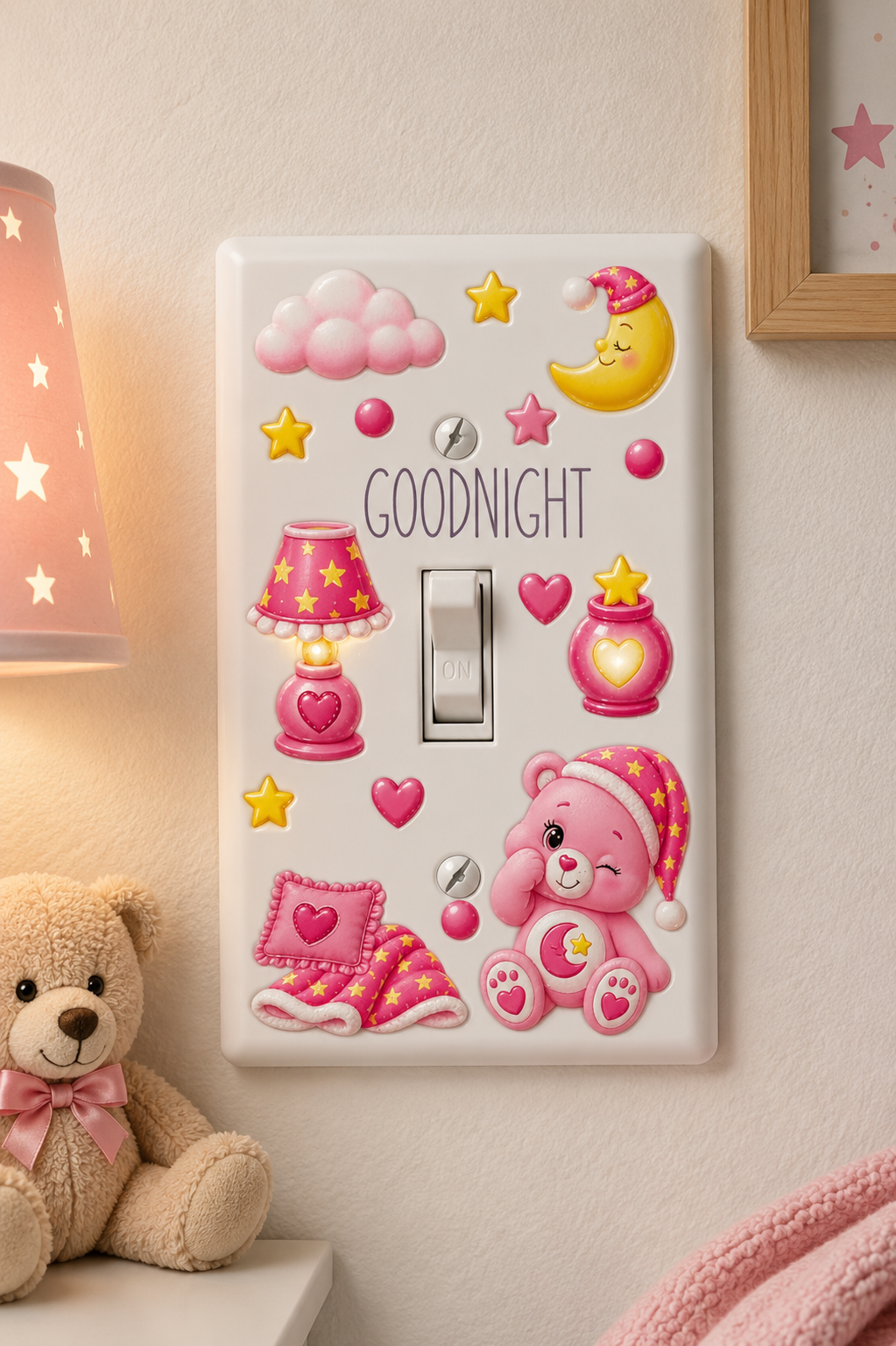 Goodnight Kids Light Switch Cover – Pink Bear, Moon & Stars Bedroom Decor