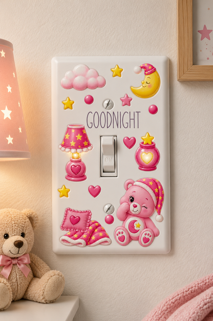 Goodnight Kids Light Switch Cover – Pink Bear, Moon & Stars Bedroom Decor