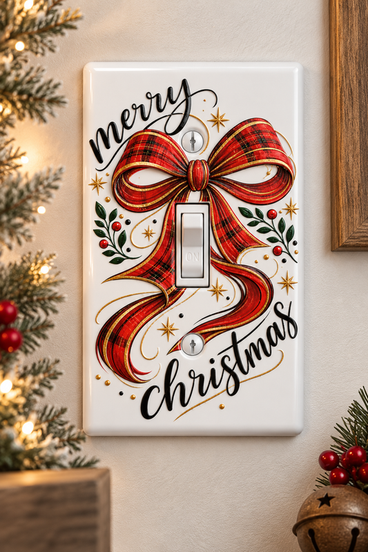 A white light switch plate cover decorated with a red plaid bow, green holly leaves, gold stars, and the words 'merry Christmas' in black script, shown mounted on a beige wall with holiday decorations around it.
