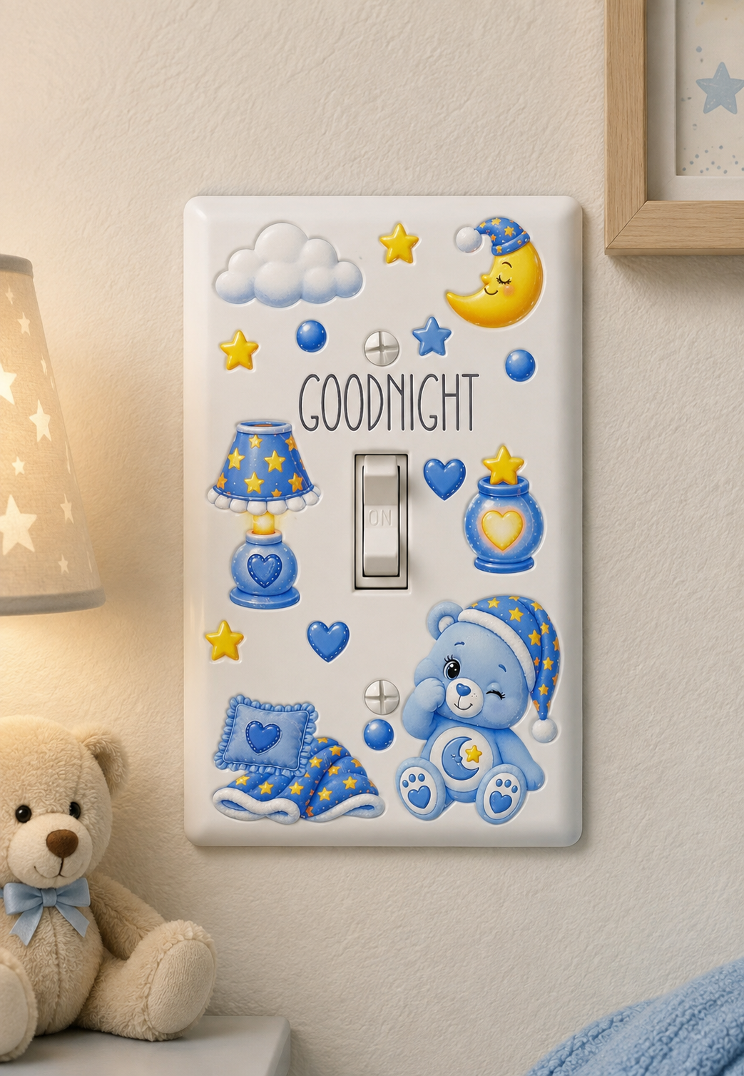 Goodnight Kids Light Switch Cover – Blue Bear, Moon & Stars Bedroom Decor