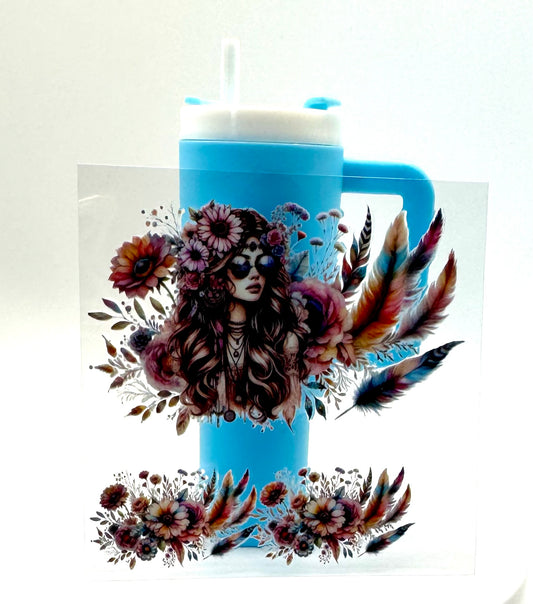 Boho Feathers Girl Mini Tumbler Keychain Uv Dtf Wraps Top & Bottom Set