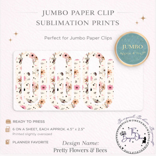 Pretty Flowers & Bees Jumbo Paper Clip Sublimation Prints – 8.5” x 11” Sheet (6 Per Page, 4.5” x 2.5”) Premium Quality Transfers