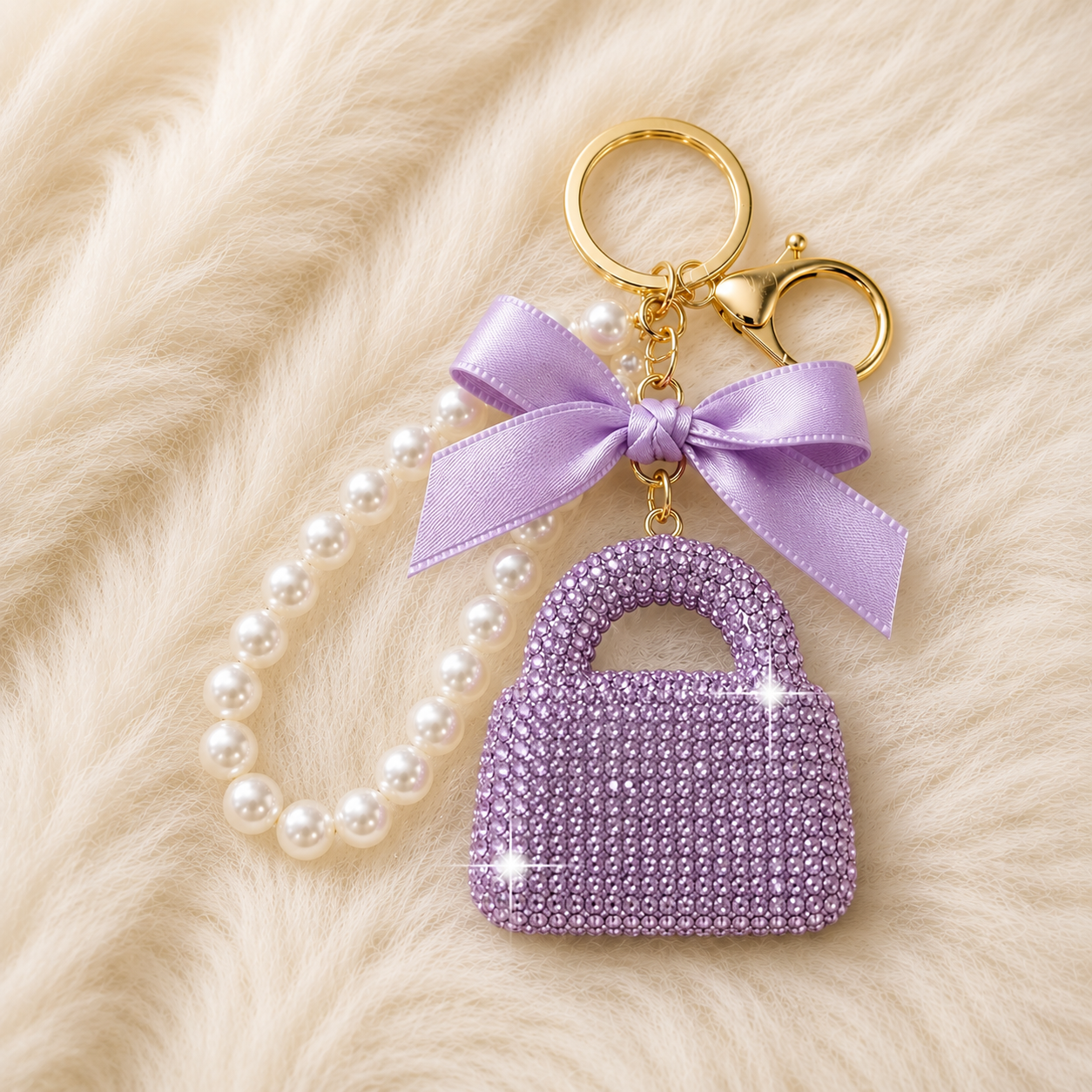 Rhinestone Handbag Charm Pearl Wristlet Keychain with Bow