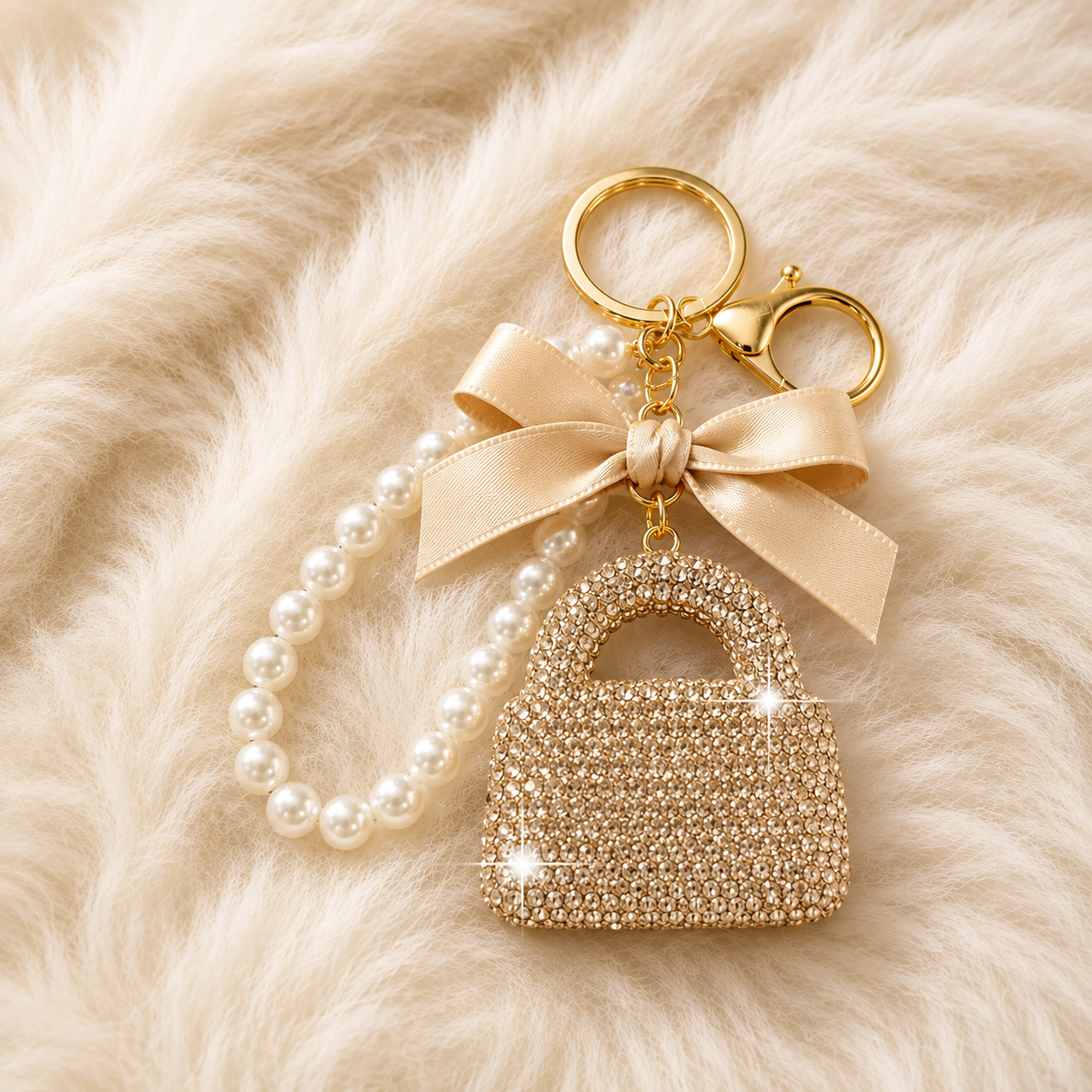 Rhinestone Handbag Charm Pearl Wristlet Keychain with Bow