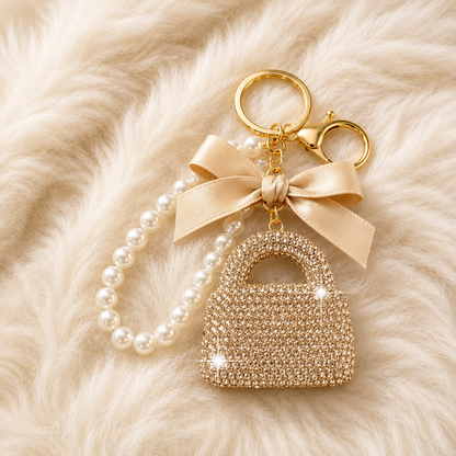 Rhinestone Handbag Charm Pearl Wristlet Keychain with Bow