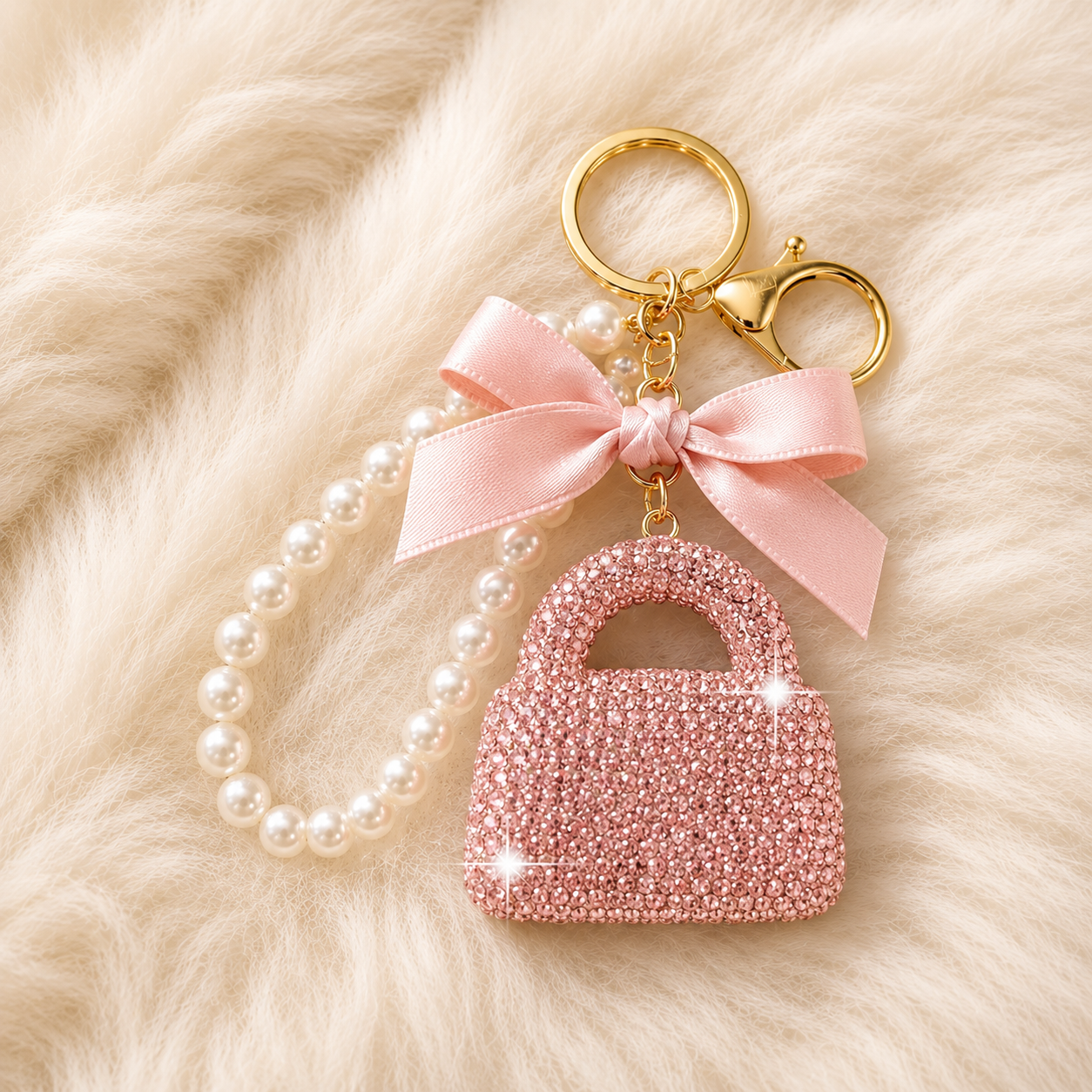 Rhinestone Handbag Charm Pearl Wristlet Keychain with Bow