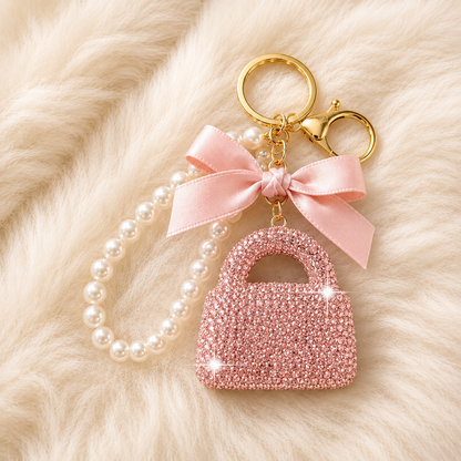 Rhinestone Handbag Charm Pearl Wristlet Keychain with Bow