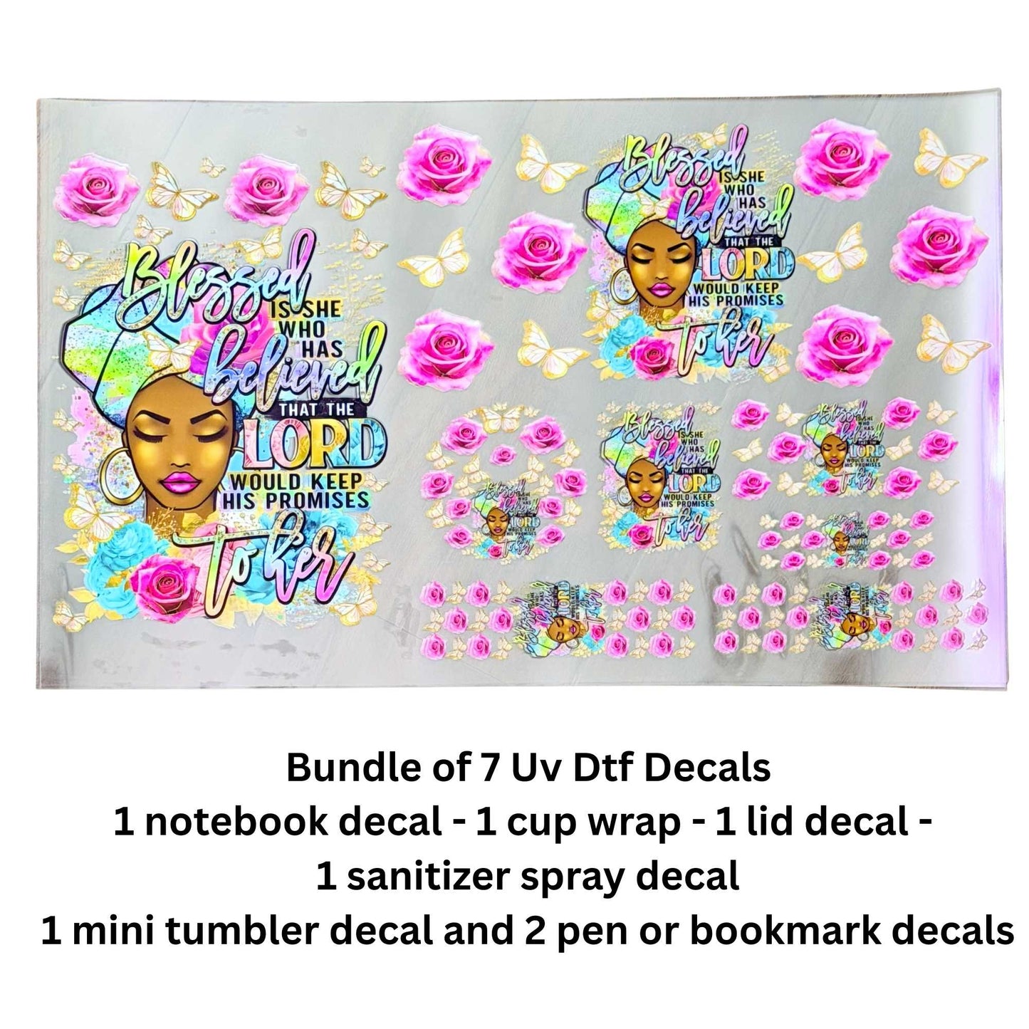 Blessed Is She 7-Piece UV DTF Decal Bundle – Cup Wrap, Notebook, Lid, Keychain & Pen Decals – Single-Sided Peel & Stick Hard Surface Transfers