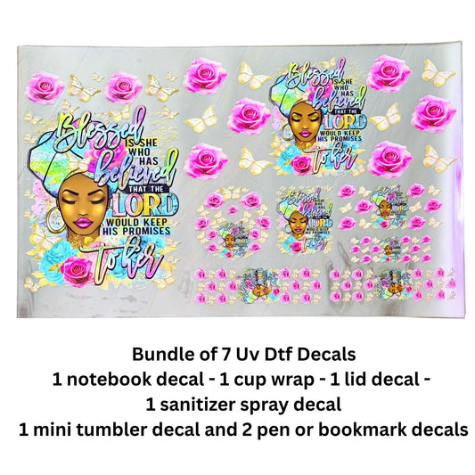 Blessed Is She 7-Piece UV DTF Decal Bundle – Cup Wrap, Notebook, Lid, Keychain & Pen Decals – Single-Sided Peel & Stick Hard Surface Transfers