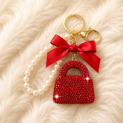 Rhinestone Handbag Charm Pearl Wristlet Keychain with Bow