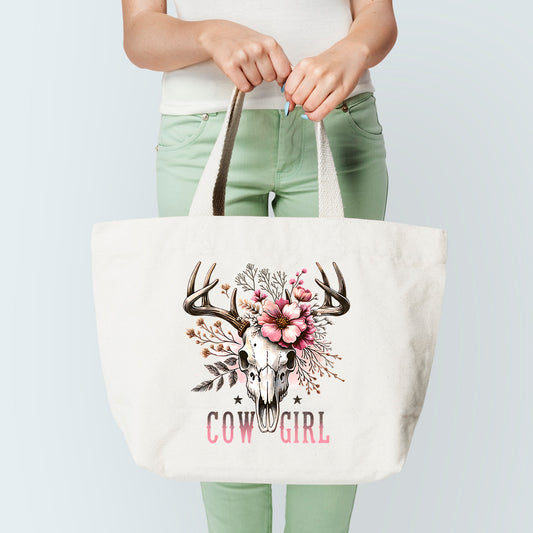 Cowgirl Deer Skull Tote Bag Sublimation Print
