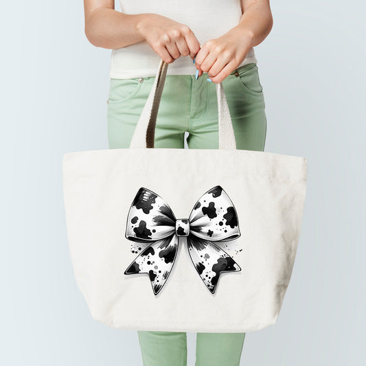 Cow Print Black & White Bow Tote Bag Sublimation Print Version 2