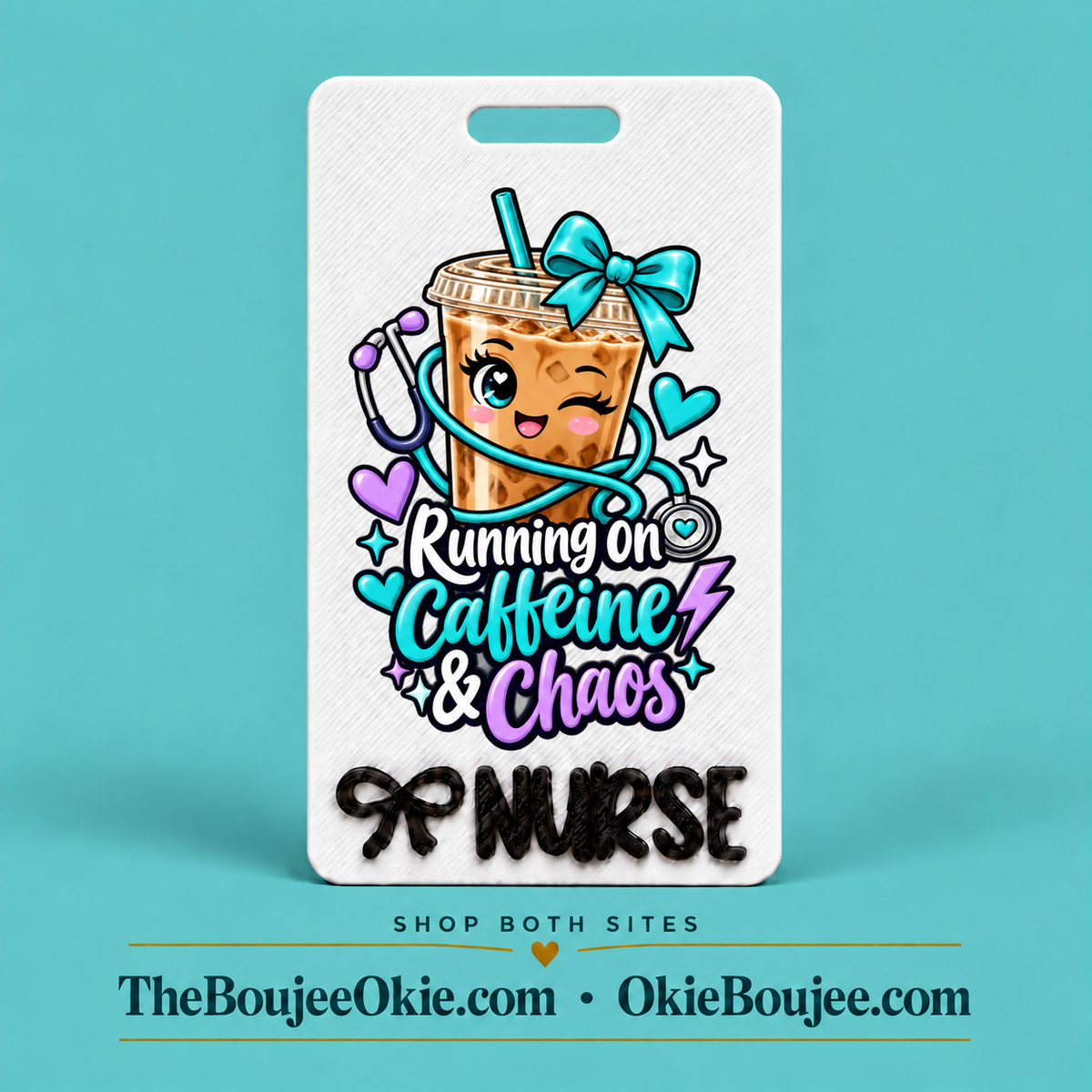 Vertical Badge Buddy UV DTF Decal | Running On Caffeine & Chaos  | Nurse & Healthcare Designs | Funny & Seasonal Transfers