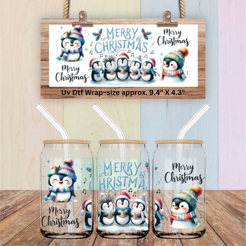 Double Sided Uv Dtf Wrap Merry Christmas Caroling Penguins