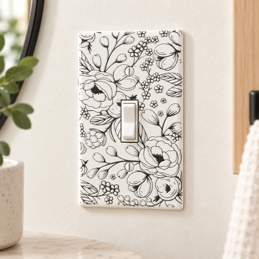 A single-toggle light switch plate with a black floral line-art pattern on a white background, mounted on a beige wall in a styled interior setting.