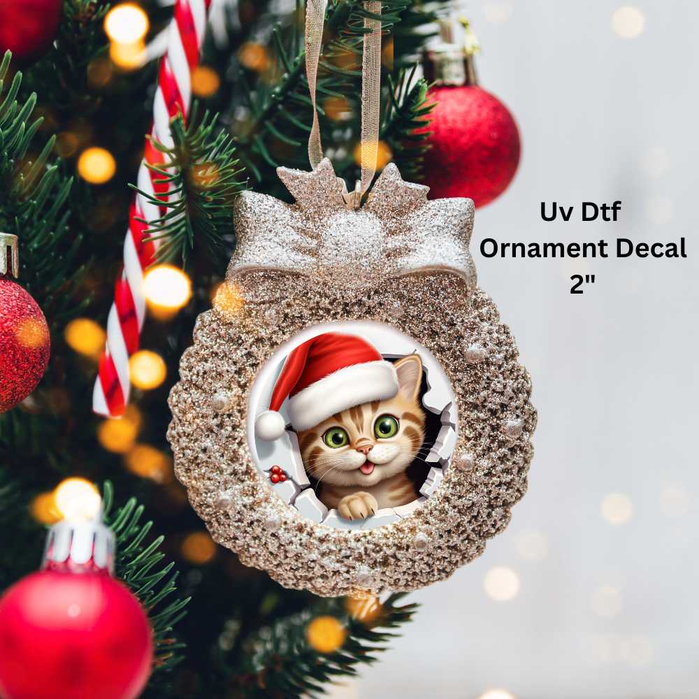 Christmas Kitty Cat Christmas Ornament or Magnet Double-Sided UV DTF Decal