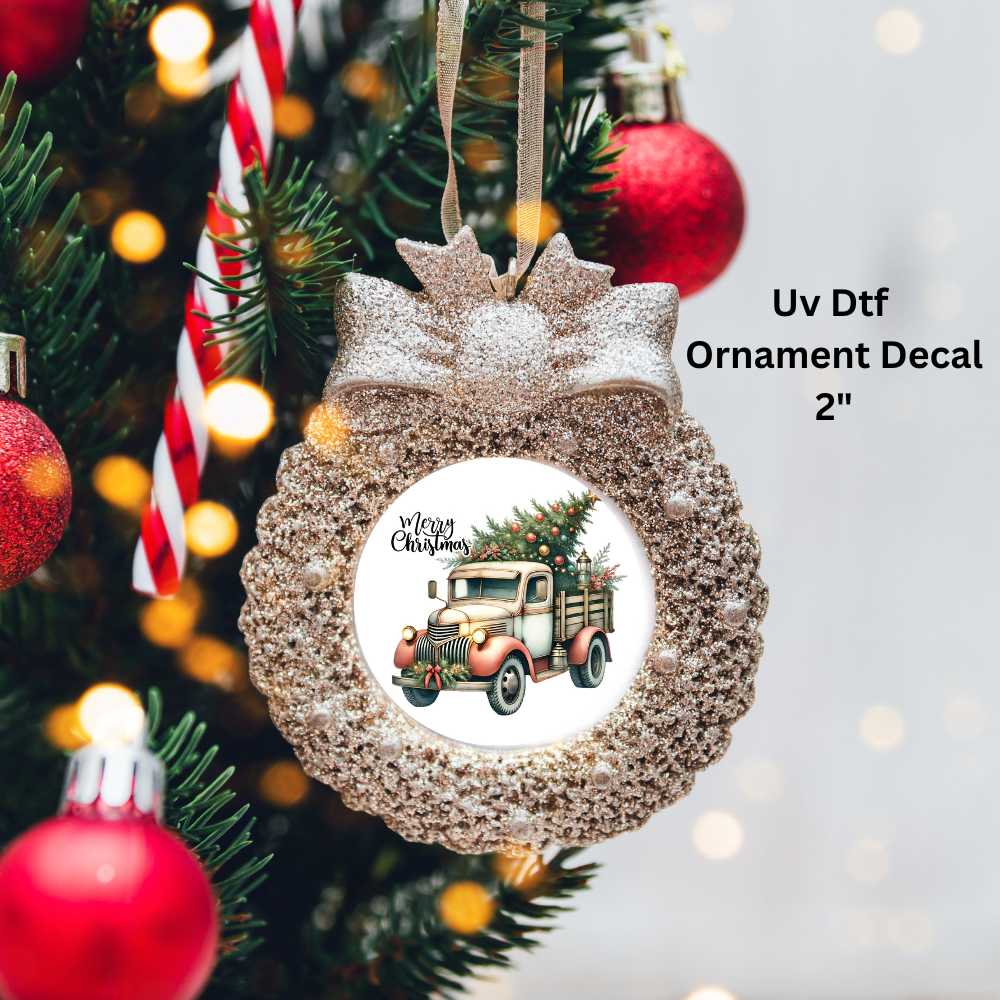 Merry Christmas Farm Truck Ornament or Magnet Double-Sided UV DTF Decal