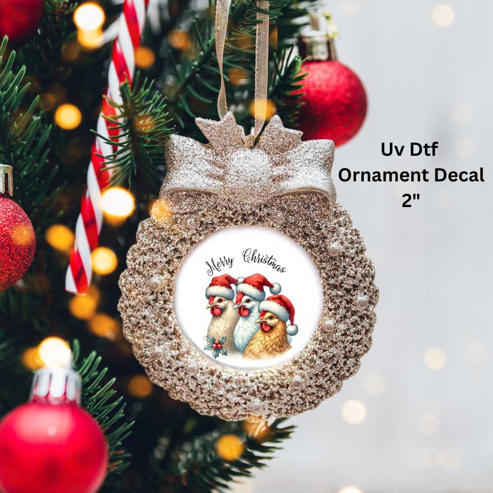 Merry Christmas Chickens Ornament or Magnet Double-Sided UV DTF Decal