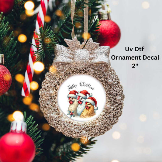 Merry Christmas Chickens Ornament or Magnet Double-Sided UV DTF Decal