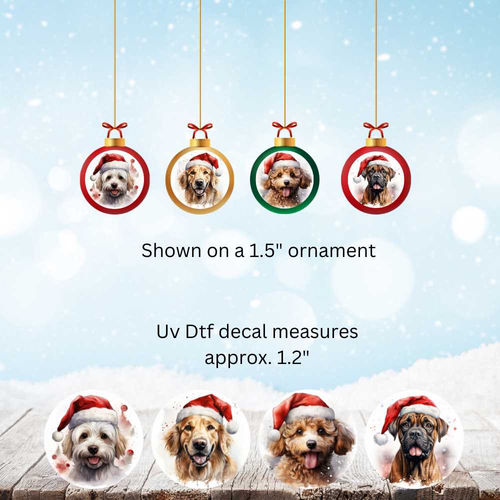 Merry Christmas Dogs Wearing Santa Hats Double-Sided UV DTF Decal Set of 4 – Festive Pups to Brighten Your Holiday Crafts!