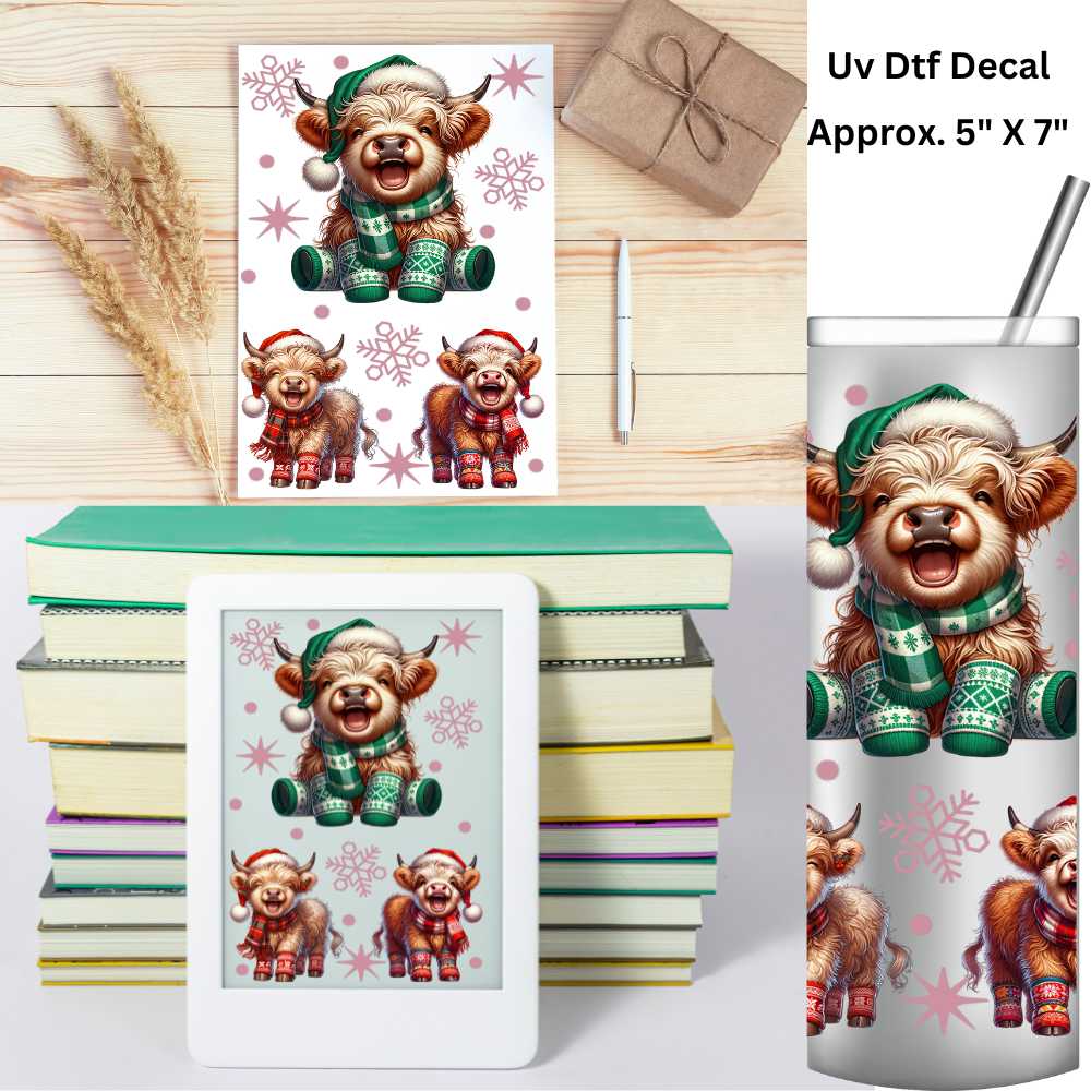 Christmas Highland Cow Uv Dtf Decal 5 X 7 Use on Notebooks, Tablets Covers, 20oz Tumblers or Any Hard Smooth Surface