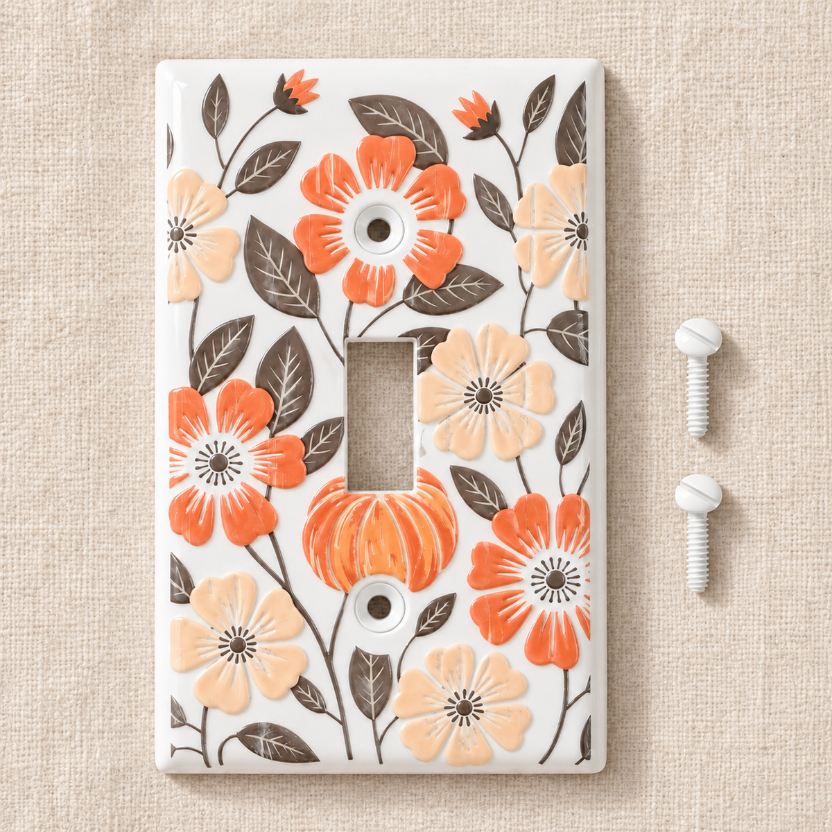 A single-toggle light switch plate cover featuring a white background decorated with orange, peach, and dark brown floral and leaf motifs, shown on a beige textured surface with two white mounting screws to the right.