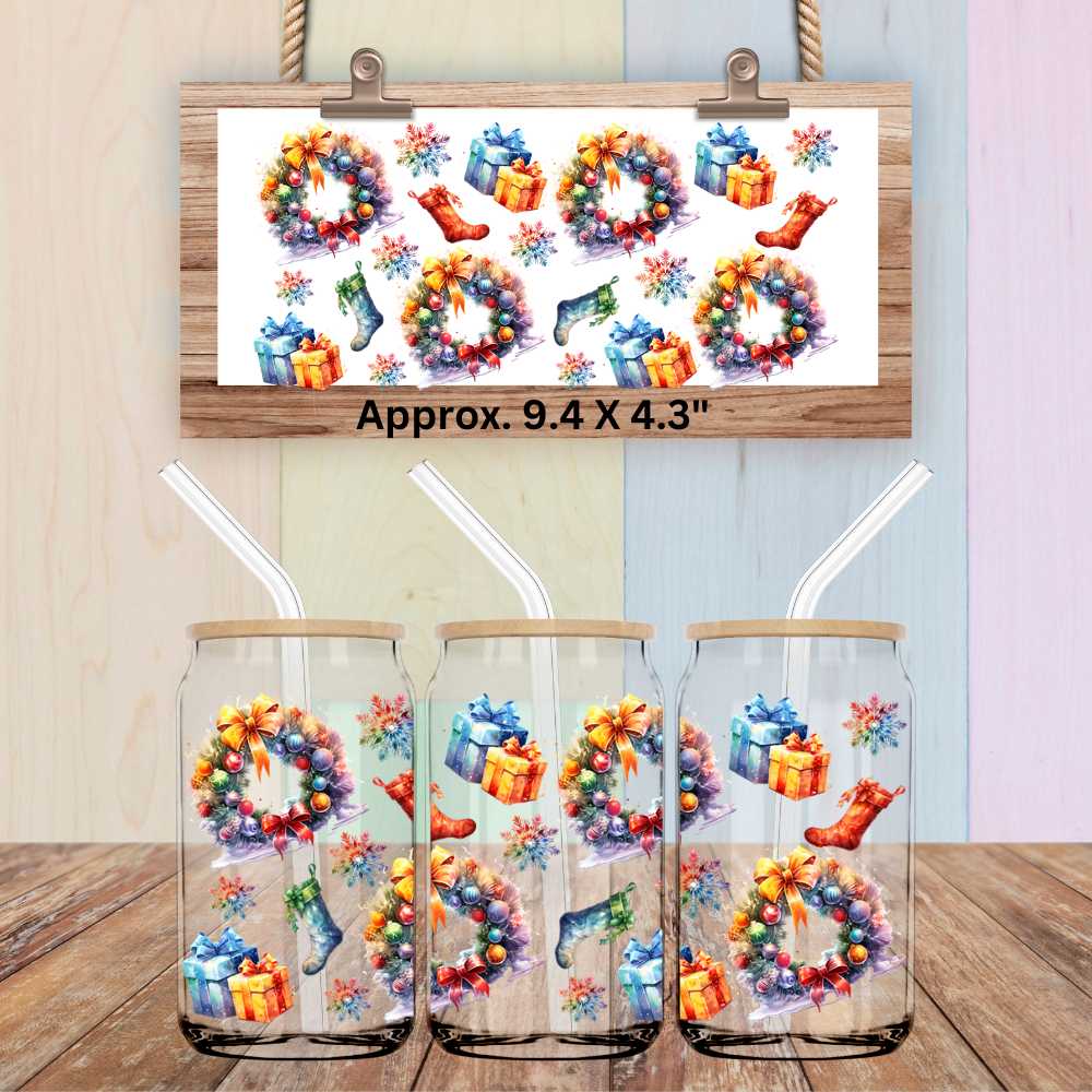 Colorful Christmas Wreaths & Stockings Double-Sided UV DTF Wrap