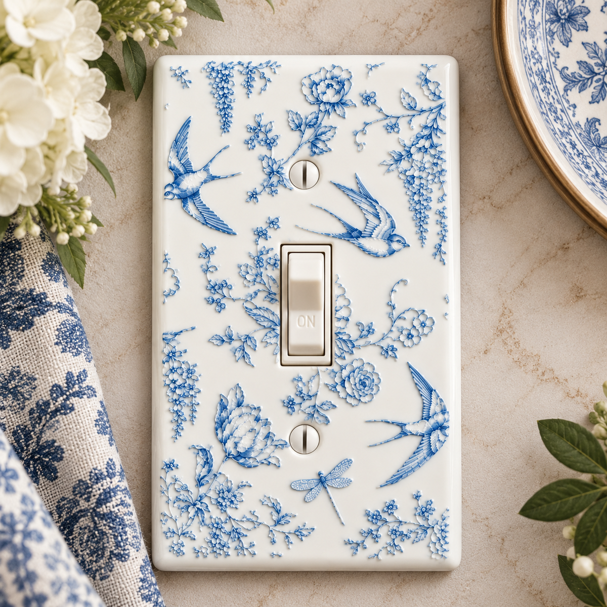 Blue & White Floral Swallow Light Switch Cover | Single Toggle