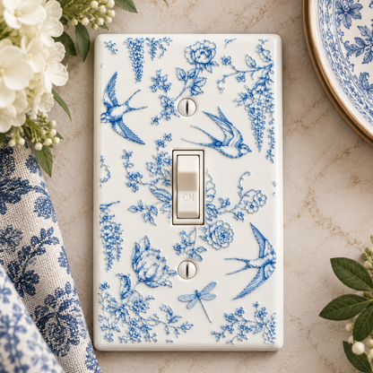Blue & White Floral Swallow Light Switch Cover | Single Toggle
