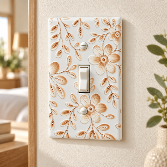 A single light switch plate with a white background and a raised tan floral pattern, shown mounted on a beige wall in a softly lit room.