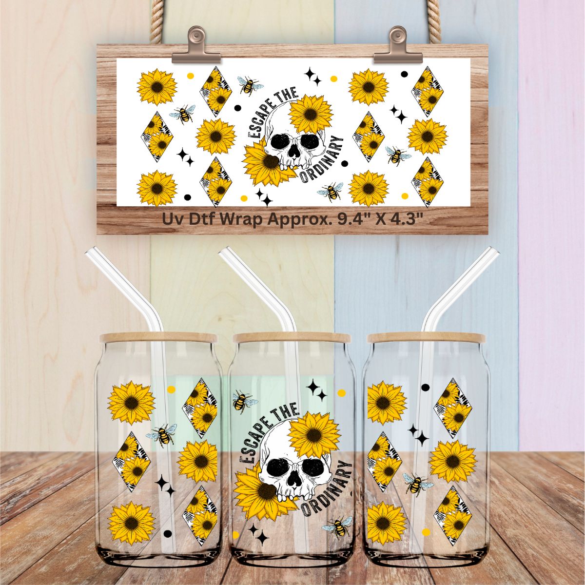 Uv Dtf Wrap Escape The Ordinary | Skull | Sunflowers