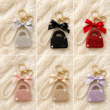 Rhinestone Handbag Charm Pearl Wristlet Keychain with Bow