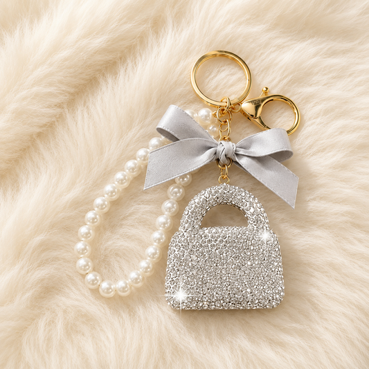 Rhinestone Handbag Charm Pearl Wristlet Keychain with Bow