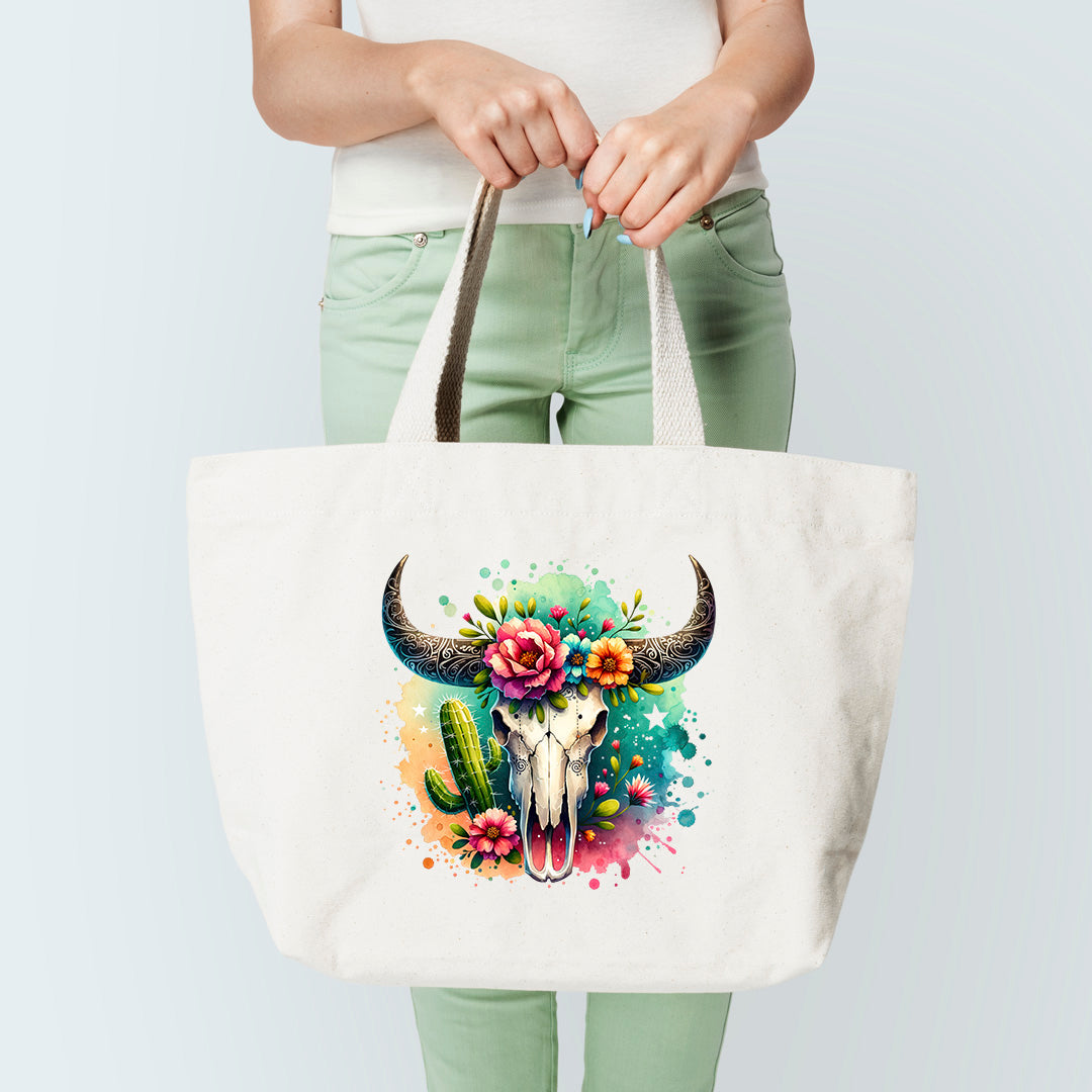 Floral Bull Skull Tote Bag Sublimation Print Version 1