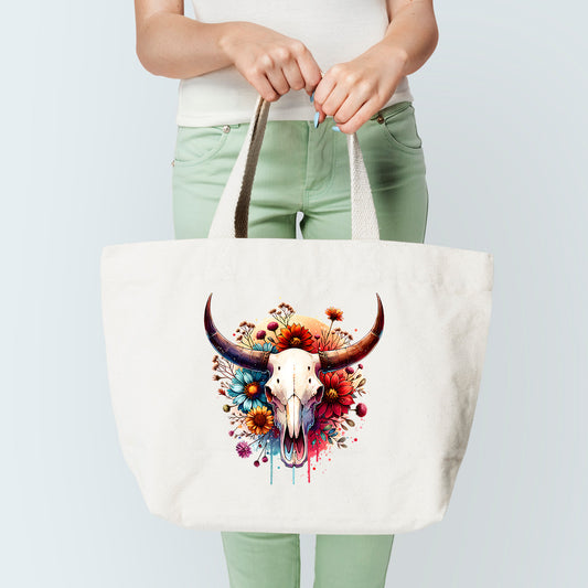 Floral Bull Skull Tote Bag Sublimation Print Version 3