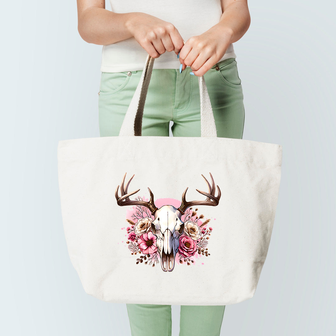 Floral Deer Skull Pink Tote Bag Sublimation Print