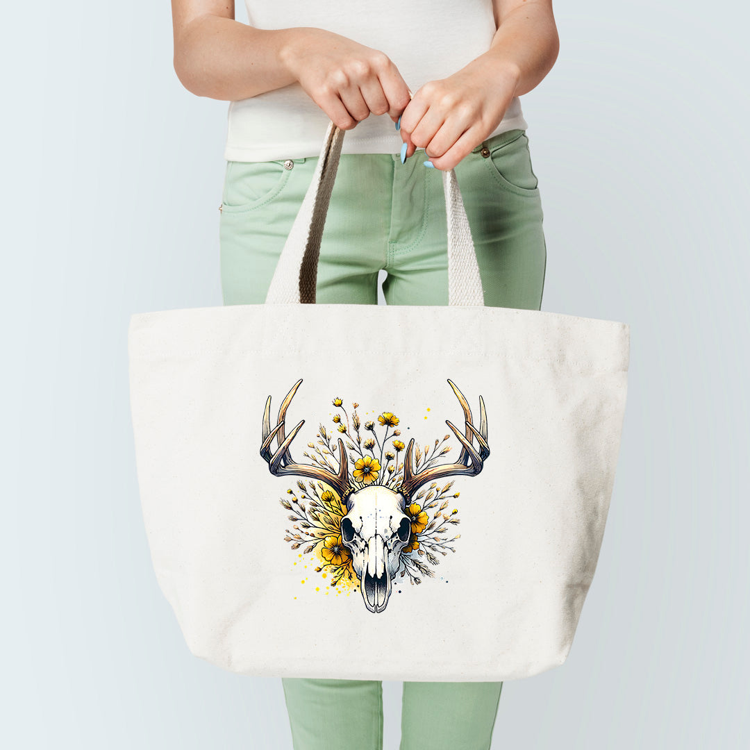 Floral Deer Skull Yellow Tote Bag Sublimation Print