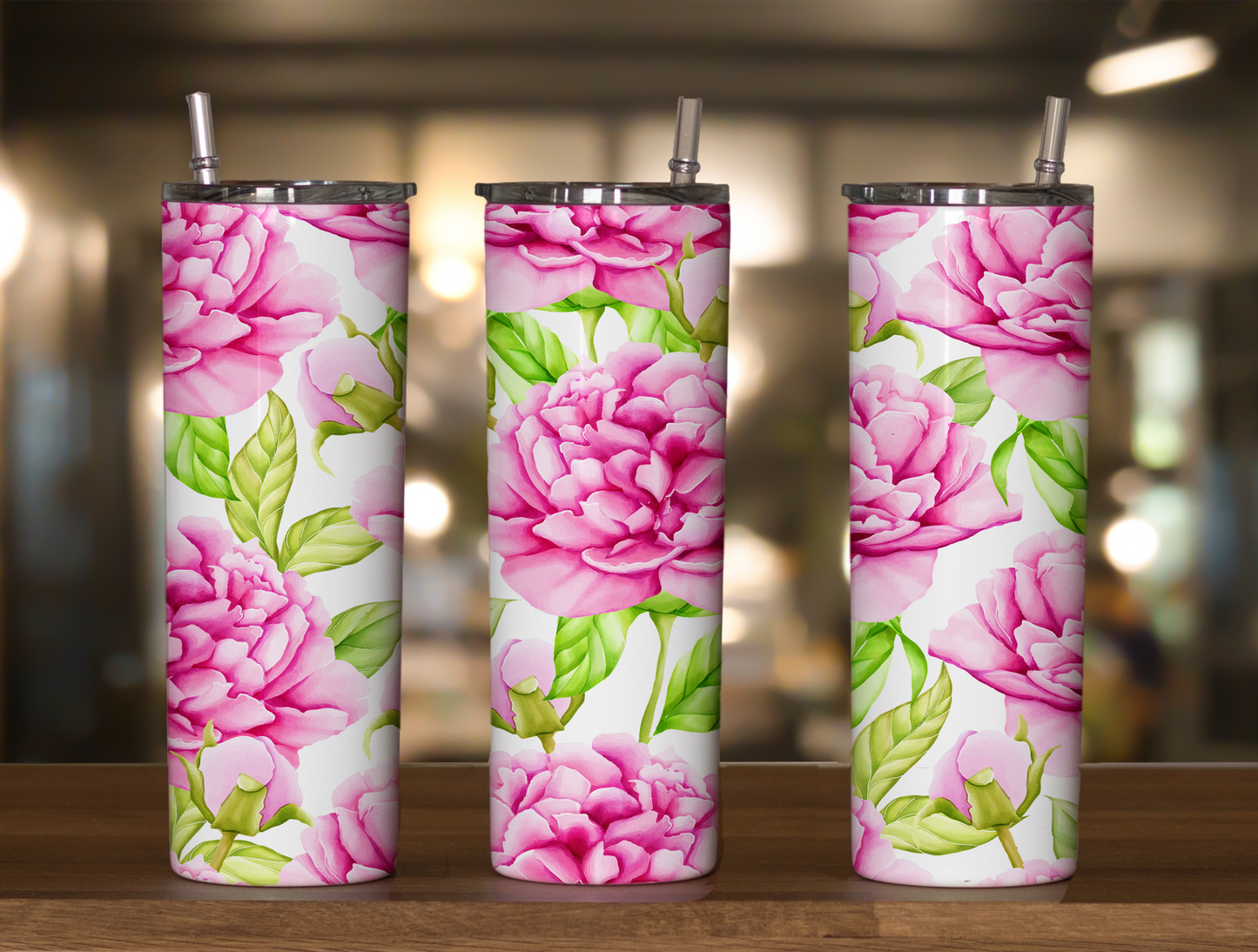 Pink Peony Flowers 20oz Skinny Tumbler Sublimation Print