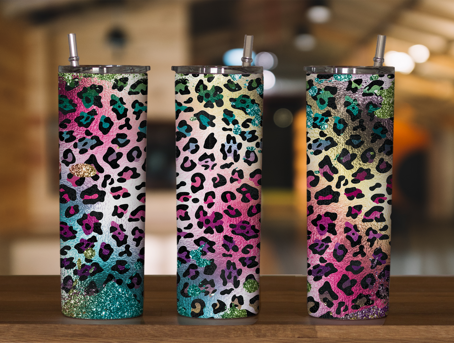Glitter Rainbow Leopard Skinny Tumbler Sublimation Print