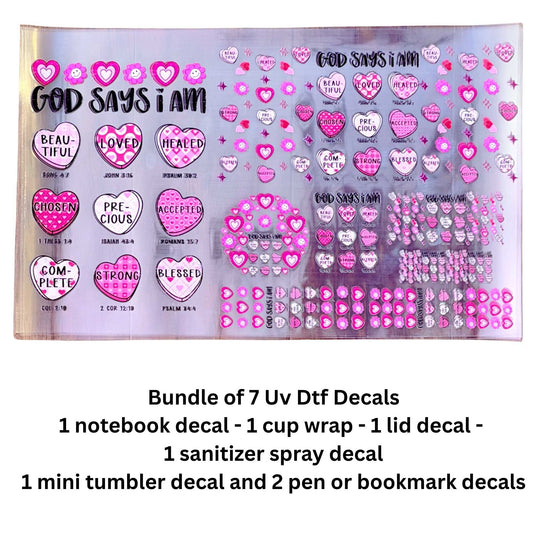 God Says I Am 7-Piece UV DTF Decal Bundle – Cup Wrap, Notebook, Lid, Keychain & Pen Decals – Single-Sided Peel & Stick Hard Surface Transfers