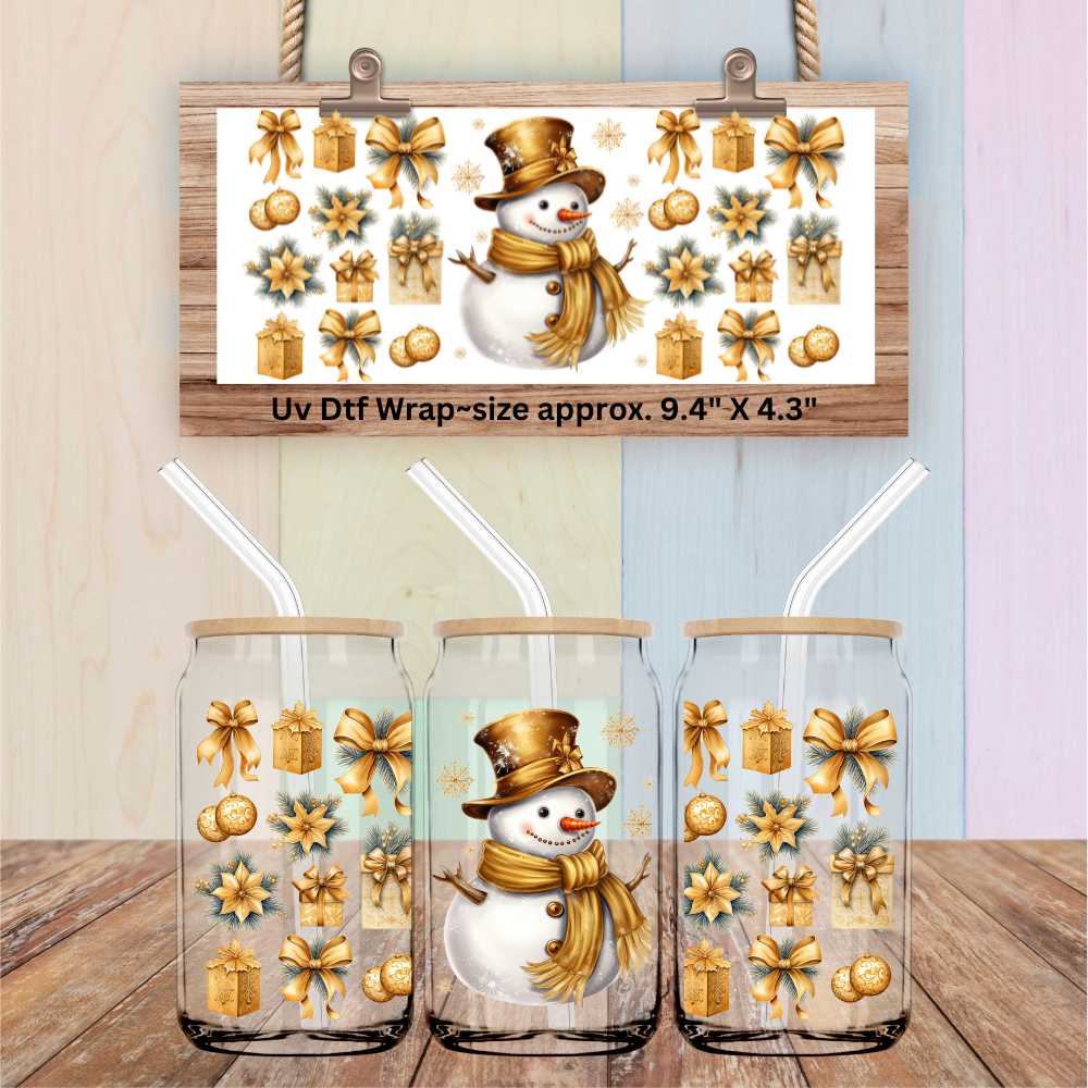 Double Sided Uv Dtf Wrap Golden Christmas Snowman