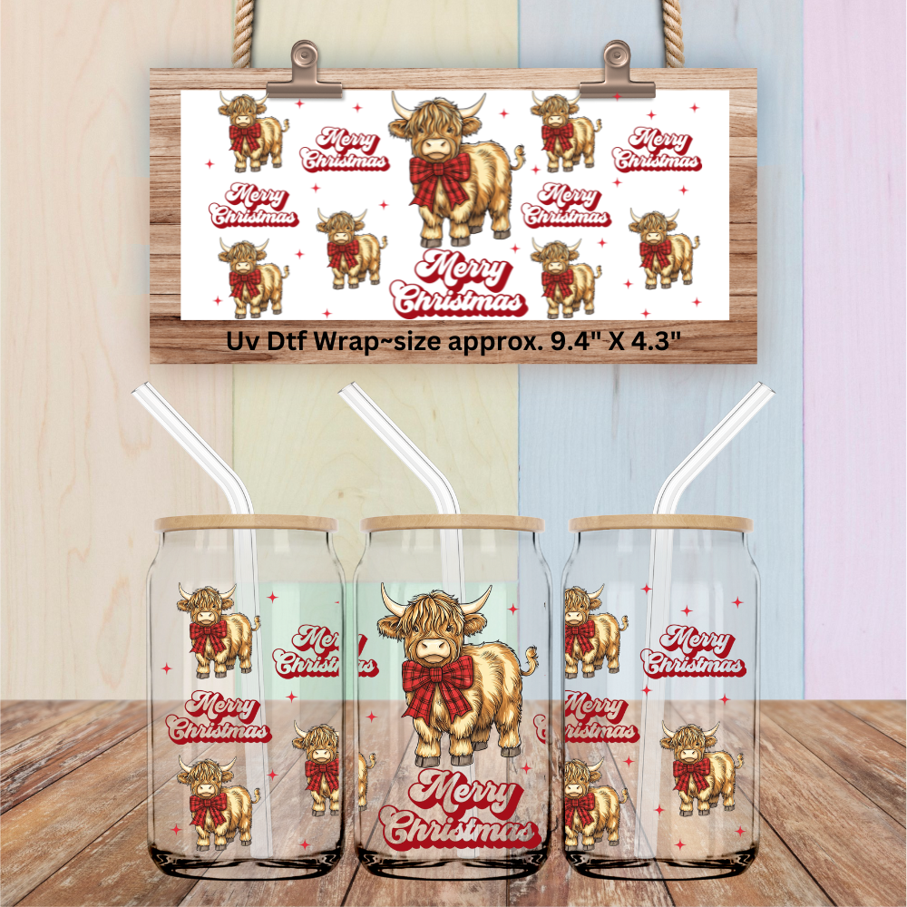 Double Sided Uv Dtf Wrap Merry Christmas Highland Cow