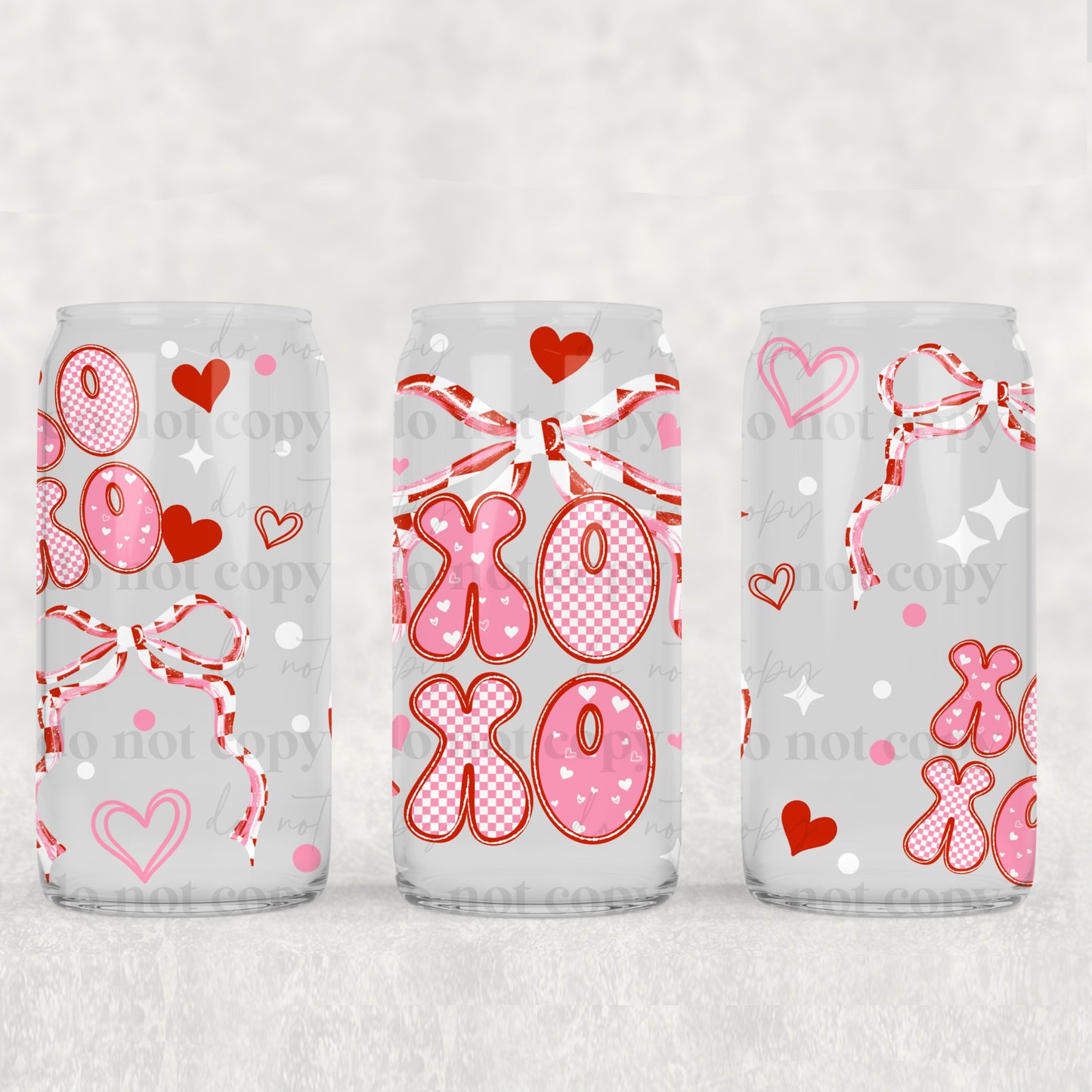 Valentine XO Coquette Bow UV DTF Double-Sided Wrap – 16oz Glass Can & Tumbler Design