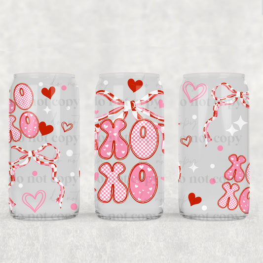 Valentine XO Coquette Bow UV DTF Double-Sided Wrap – 16oz Glass Can & Tumbler Design