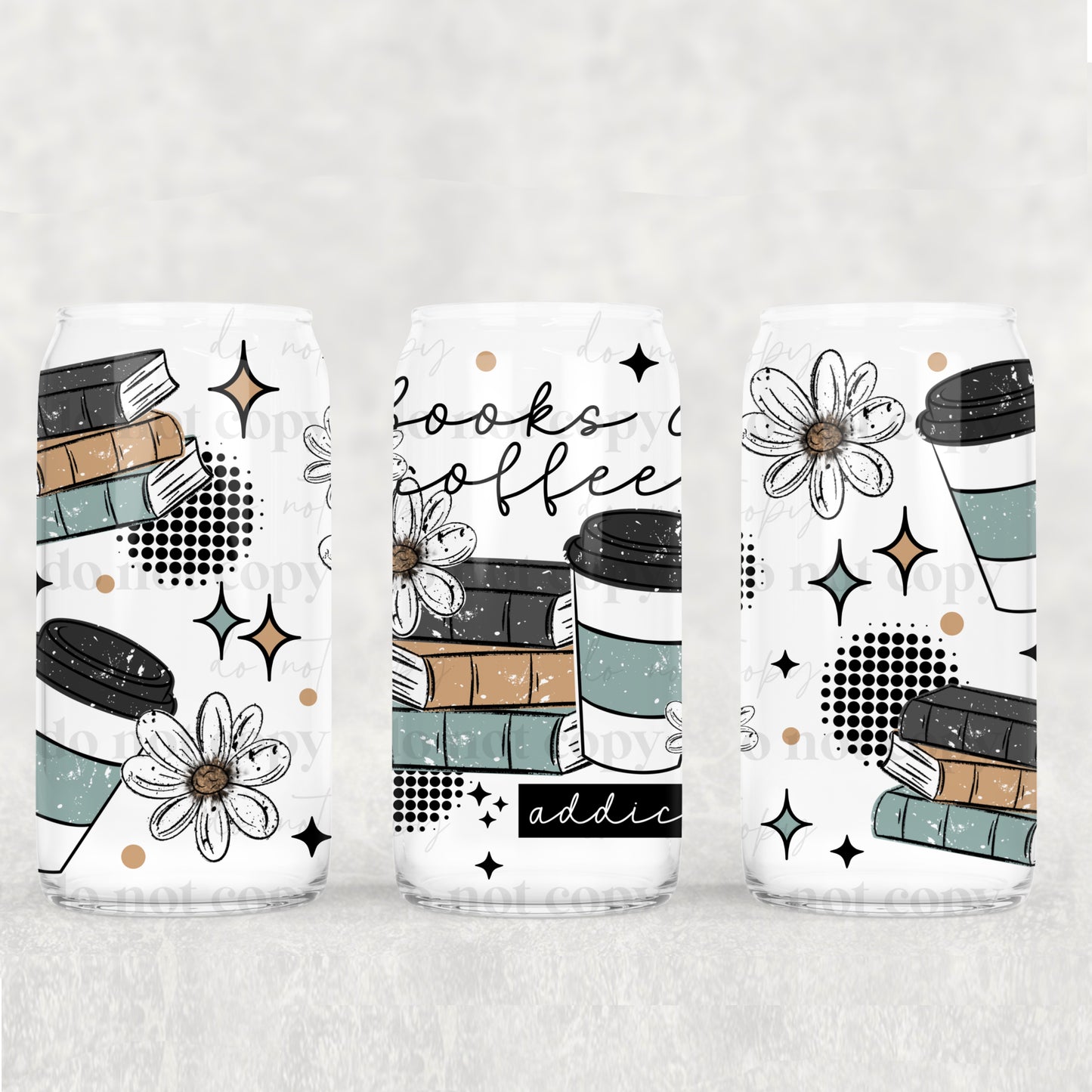 Books & Coffee Addict UV DTF Double-Sided Wrap – 16oz Glass Can & Tumbler Design