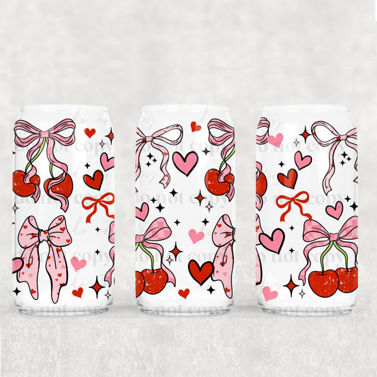Valentine Coquette Bows Cherries Hearts UV DTF Double-Sided Wrap – 16oz Glass Can & Tumbler Design