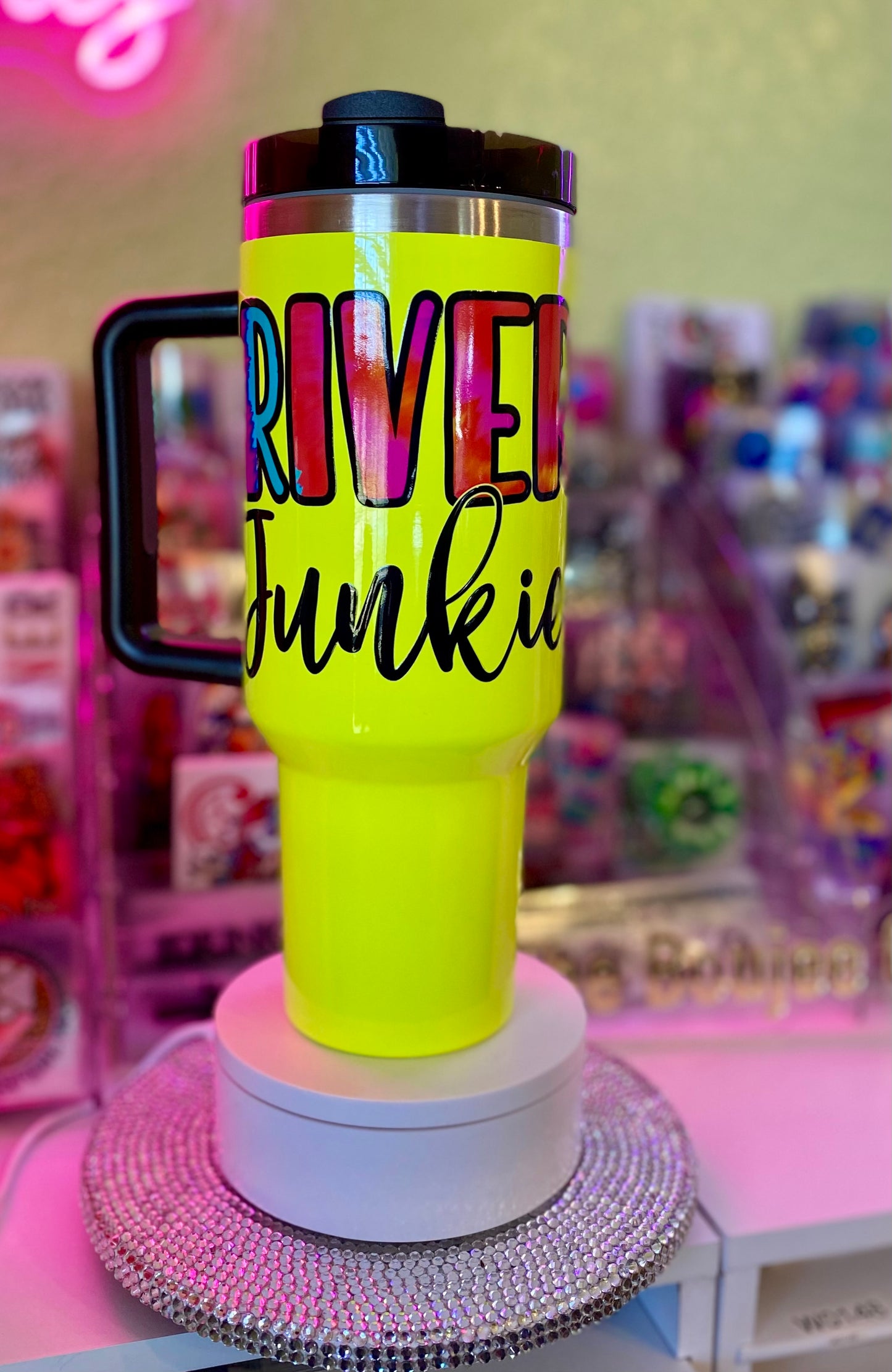 River Junkie Design On A Neon Yellow 40 oz Tumbler