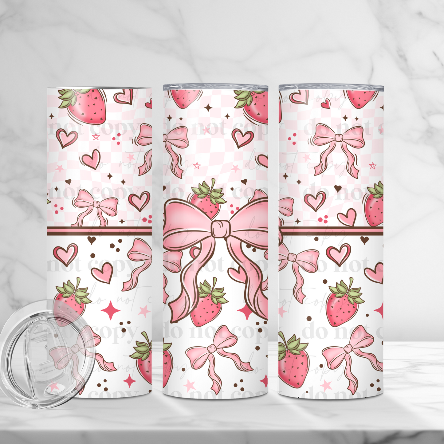 Pink Coquette Bows Strawberroes Hearts 20oz Skinny Tumbler Sublimation Print