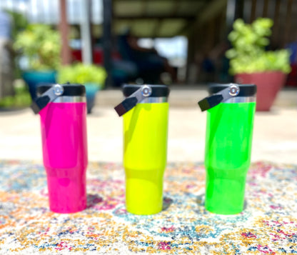 30oz Flip Handle Neon Stainless Tumblers in 3 Color Choices